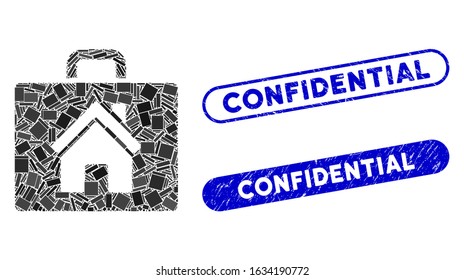 Mosaic realty case and corroded stamp seals with Confidential phrase. Mosaic vector realty case is composed with random rectangle items. Confidential stamp seals use blue color,