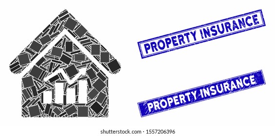 Mosaic realty charts icon and rectangular rubber prints. Flat vector realty charts mosaic icon of random rotated rectangular items. Blue caption rubber stamps with rubber textures.