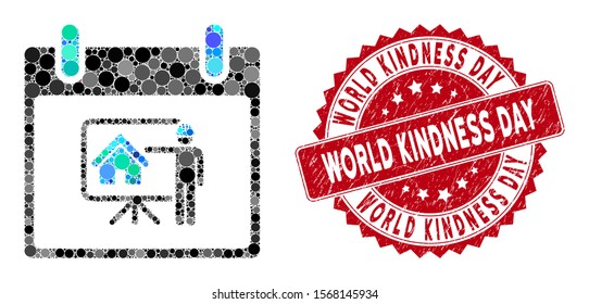 Mosaic realty developer calendar day and distressed stamp seal with World Kindness Day caption. Mosaic vector is created with realty developer calendar day icon and with random round items.