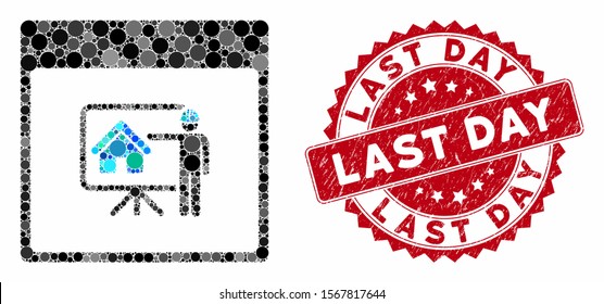 Mosaic realty developer calendar page and rubber stamp seal with Last Day caption. Mosaic vector is composed with realty developer calendar page icon and with randomized circle spots.
