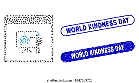 Mosaic realty developer calendar page and grunge stamp seals with World Kindness Day caption. Mosaic vector realty developer calendar page is created with random elliptic items.