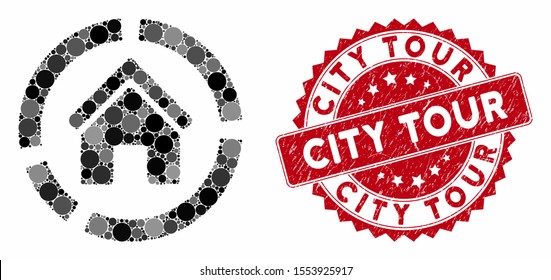 Mosaic Realty Diagram And Grunge Stamp Seal With City Tour Text. Mosaic Vector Is Formed With Realty Diagram Icon And With Randomized Circle Items. City Tour Stamp Uses Red Color, And Rubber Design.