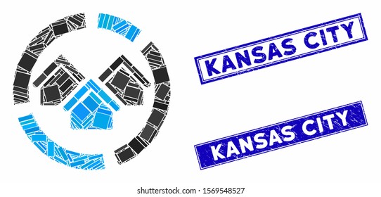 Mosaic realty diagram icon and rectangle seal stamps. Flat vector realty diagram mosaic icon of scattered rotated rectangle elements. Blue caption rubber stamps with scratched texture.