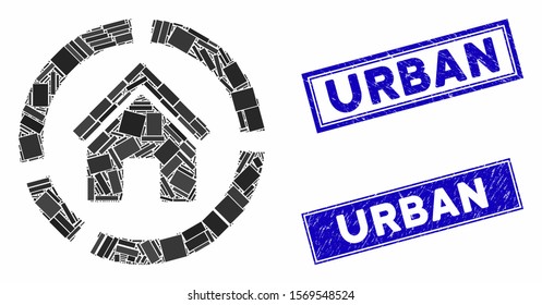 Mosaic realty diagram icon and rectangular seal stamps. Flat vector realty diagram mosaic icon of scattered rotated rectangular items. Blue caption rubber stamps with scratched textures.