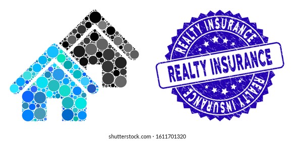Mosaic realty icon and corroded stamp seal with Realty Insurance phrase. Mosaic vector is formed from realty icon and with random spheric elements. Realty Insurance stamp seal uses blue color,