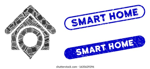 Mosaic realty location and corroded stamp seals with Smart Home phrase. Mosaic vector realty location is formed with scattered rectangle items. Smart Home seals use blue color,