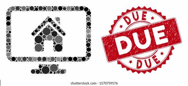 Mosaic realty monitoring and rubber stamp seal with Due phrase. Mosaic vector is designed with realty monitoring icon and with scattered circle spots. Due stamp seal uses red color,