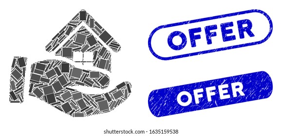 Mosaic realty offer hand and grunge stamp seals with Offer phrase. Mosaic vector realty offer hand is designed with randomized rectangle items. Offer stamps use blue color,