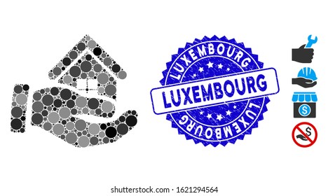 Mosaic realty offer hand icon and distressed stamp watermark with Luxembourg caption. Mosaic vector is created with realty offer hand icon and with scattered spheric elements.