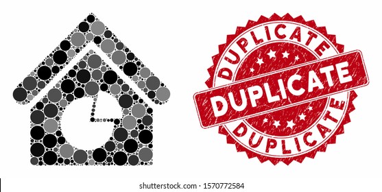 Mosaic realty pie chart and corroded stamp seal with Duplicate text. Mosaic vector is created with realty pie chart icon and with randomized circle spots. Duplicate stamp seal uses red color,