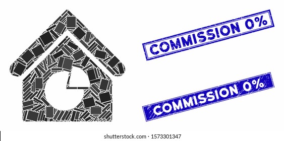 Mosaic realty pie chart pictogram and rectangular Commission 0% stamps. Flat vector realty pie chart mosaic icon of randomized rotated rectangular elements.