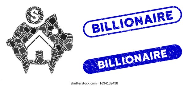 Mosaic realty piggy bank and rubber stamp seals with Billionaire caption. Mosaic vector realty piggy bank is formed with randomized rectangle items. Billionaire stamp seals use blue color,