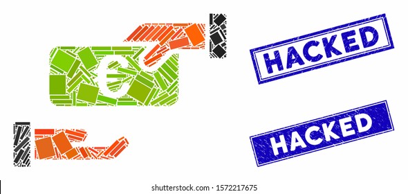 Mosaic rebate pictogram and rectangular Hacked seal stamps. Flat vector rebate mosaic pictogram of scattered rotated rectangle elements. Blue Hacked seal stamps with grunge texture.