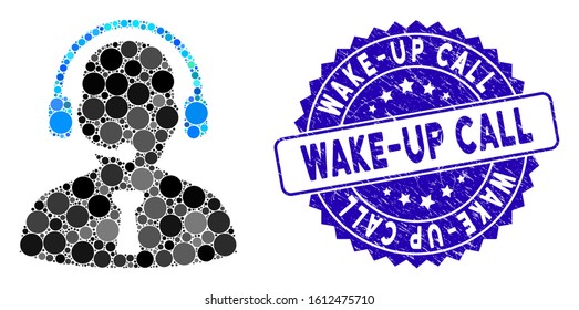 Mosaic reception operator icon and distressed stamp seal with Wake-Up Call caption. Mosaic vector is designed with reception operator icon and with randomized spheric items.