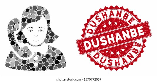 Mosaic receptionist and grunge stamp seal with Dushanbe text. Mosaic vector is formed with receptionist icon and with randomized spheric elements. Dushanbe stamp seal uses red color,