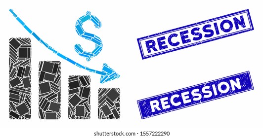 Mosaic recession icon and rectangle seals. Flat vector recession mosaic icon of randomized rotated rectangle items. Blue caption seals with dirty surface.