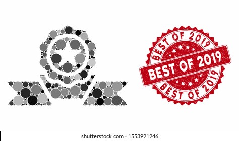 Mosaic recommendation badge and rubber stamp seal with Best of 2019 text. Mosaic vector is formed with recommendation badge icon and with random round items. Best of 2019 stamp seal uses red color,