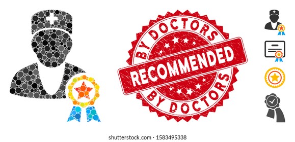 Mosaic recommended by doctors icon and grunge stamp watermark with Recommended by Doctors text. Mosaic vector is designed with recommended by doctors icon and with scattered circle elements.