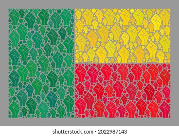 Mosaic rectangle Benin flag designed with fist elements. Riot fist vector collage Benin flag constructed for rebel projects. Designed for political or patriotic propaganda.