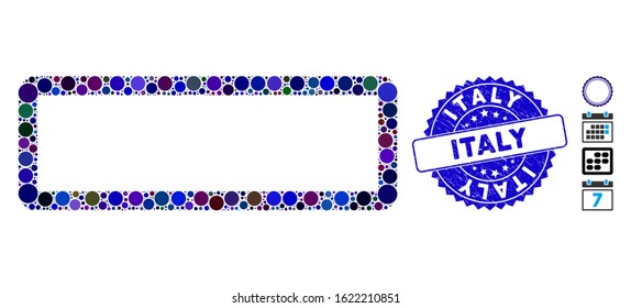 Mosaic rectangle frame icon and corroded stamp seal with Italy caption. Mosaic vector is created with rectangle frame icon and with scattered circle items. Italy stamp seal uses blue color,