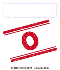 Mosaic rectangle frame pictogram and red 0 seal between double parallel lines. Flat vector rectangle frame mosaic pictogram of randomized rotated rectangle elements. Red 0 seal with grunge textures.