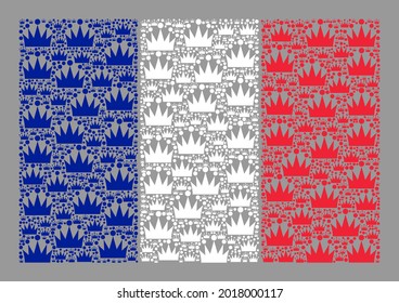 Mosaic rectangle France flag constructed with royal icons. Kingdom vector mosaic France flag organized for tradition projects. Designed for political and patriotic projects.