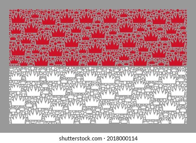 Mosaic rectangle Indonesia flag constructed of royal elements. Royalty vector mosaic Indonesia flag designed for award applications. Designed for political or patriotic agitprop.