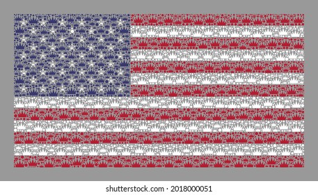 Mosaic rectangle USA flag designed with royal items. Royalty vector mosaic USA flag constructed for emperor illustrations. Designed for political or patriotic promotion.