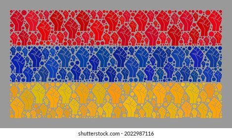 Mosaic rectangular Armenia flag created with rebel items. Revolution fist vector mosaic Armenia flag designed for rebel wallpapers. Designed for political or patriotic agitation.