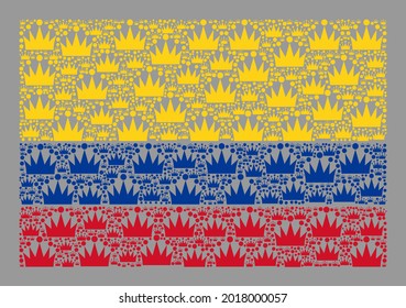 Mosaic rectangular Colombia flag designed with crown elements. Kingdom vector mosaic Colombia flag constructed for tradition applications. Designed for political and patriotic applications.