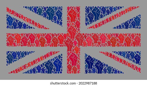 Mosaic rectangular Great Britain flag designed of fist icons. Fight fist vector collage Great Britain flag organized for rebellion propaganda. Designed for political or patriotic projects.