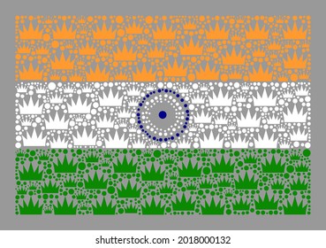 Mosaic rectangular India flag designed of royal elements. Brand vector mosaic India flag done for kingdom propaganda. Designed for political and patriotic projects.
