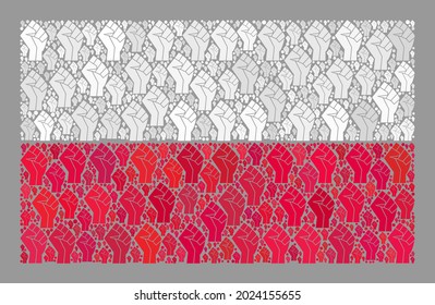 Mosaic rectangular Poland flag designed with fist items. Strike fist vector mosaic Poland flag created for rebel purposes. Designed for political or patriotic collages.