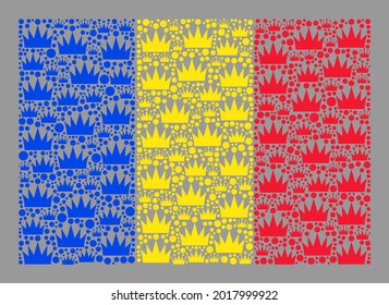 Mosaic rectangular Romania flag designed of crown elements. Kingdom vector collage Romania flag constructed for victorian applications. Designed for political and patriotic agitprop.