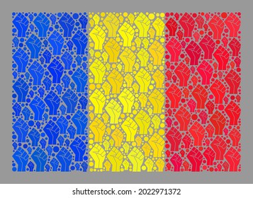 Mosaic rectangular Romania flag designed of rebel icons. Protest hand vector mosaic Romania flag designed for fighter applications. Designed for political and patriotic agitation.