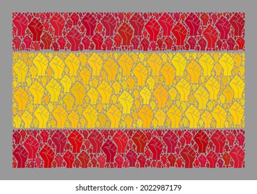 Mosaic rectangular Spain flag created with riot hand elements. Revolution hand vector mosaic Spain flag designed for enforcement purposes. Designed for political or patriotic promotion.