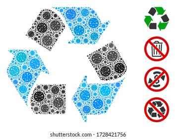 Mosaic recycle arrows united from covid-2019 virus icons in different sizes and color hues. Vector pathogen icons are grouped into abstract collage recycle arrows icon. Some bonus icons are added.