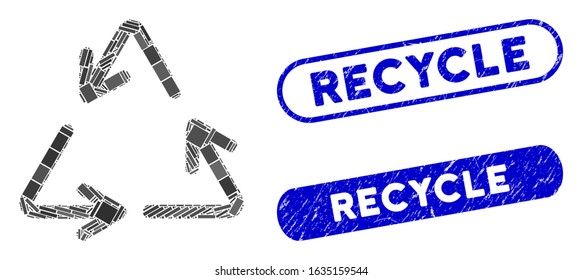 Mosaic recycle and corroded stamp seals with Recycle caption. Mosaic vector recycle is formed with scattered rectangles. Recycle stamp seals use blue color, and have round rectangle shape.