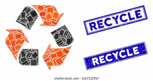 Mosaic recycle icon and rectangle seals. Flat vector recycle mosaic pictogram of scattered rotated rectangle items. Blue caption seals with scratched texture.