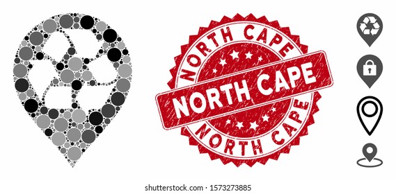 Mosaic recycle map marker icon and rubber stamp seal with North Cape text. Mosaic vector is formed with recycle map marker icon and with random circle spots. North Cape stamp uses red color,