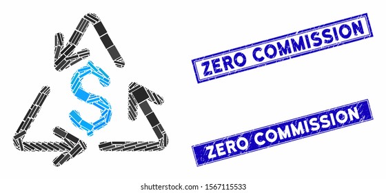 Mosaic recycling cost icon and rectangle watermarks. Flat vector recycling cost mosaic pictogram of scattered rotated rectangle items. Blue caption watermarks with distress surface.