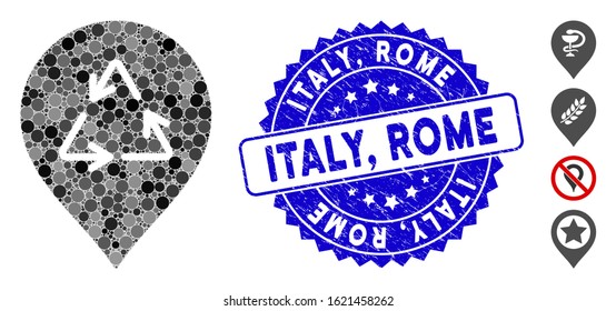 Mosaic recycling marker icon and rubber stamp seal with Italy, Rome caption. Mosaic vector is formed with recycling marker pictogram and with random spheric elements. Italy,