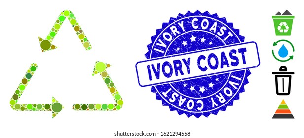 Mosaic recycling triangle icon and distressed stamp seal with Ivory Coast text. Mosaic vector is formed with recycling triangle icon and with scattered circle items.