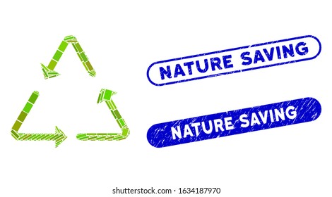 Mosaic recycling triangle and rubber stamp watermarks with Nature Saving phrase. Mosaic vector recycling triangle is composed with scattered rectangle items. Nature Saving stamp seals use blue color,