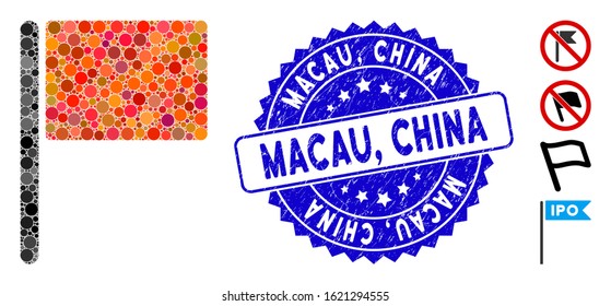 Mosaic red flag icon and grunge stamp seal with Macau, China text. Mosaic vector is created with red flag pictogram and with randomized round spots. Macau, China stamp seal uses blue color,