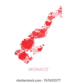 mosaic of red hearts of different sizes and degrees of transparency in shape of map of monaco on white background
