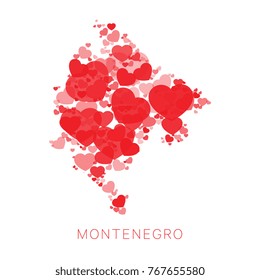 mosaic of red hearts of different sizes and degrees of transparency in shape of map of montenegro on white background