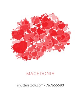 mosaic of red hearts of different sizes and degrees of transparency in shape of map of macedonia on white background