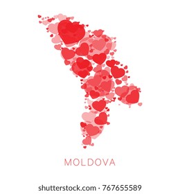 mosaic of red hearts of different sizes and degrees of transparency in shape of map of moldova on white background