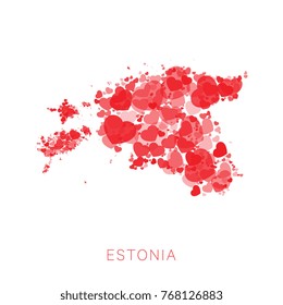 mosaic of red hearts of different sizes and degrees of transparency in shape of map of estonia on white background